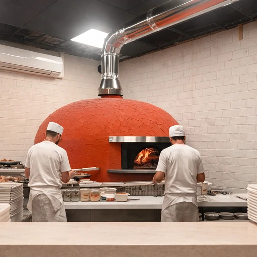 Interior of a modern pizzeria with chefs working in the background near a brick oven